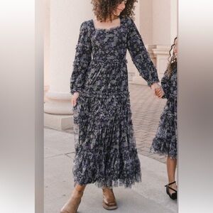 Floral Ruffle Tiered Long Sleeve Midi Dress - Purple Floral